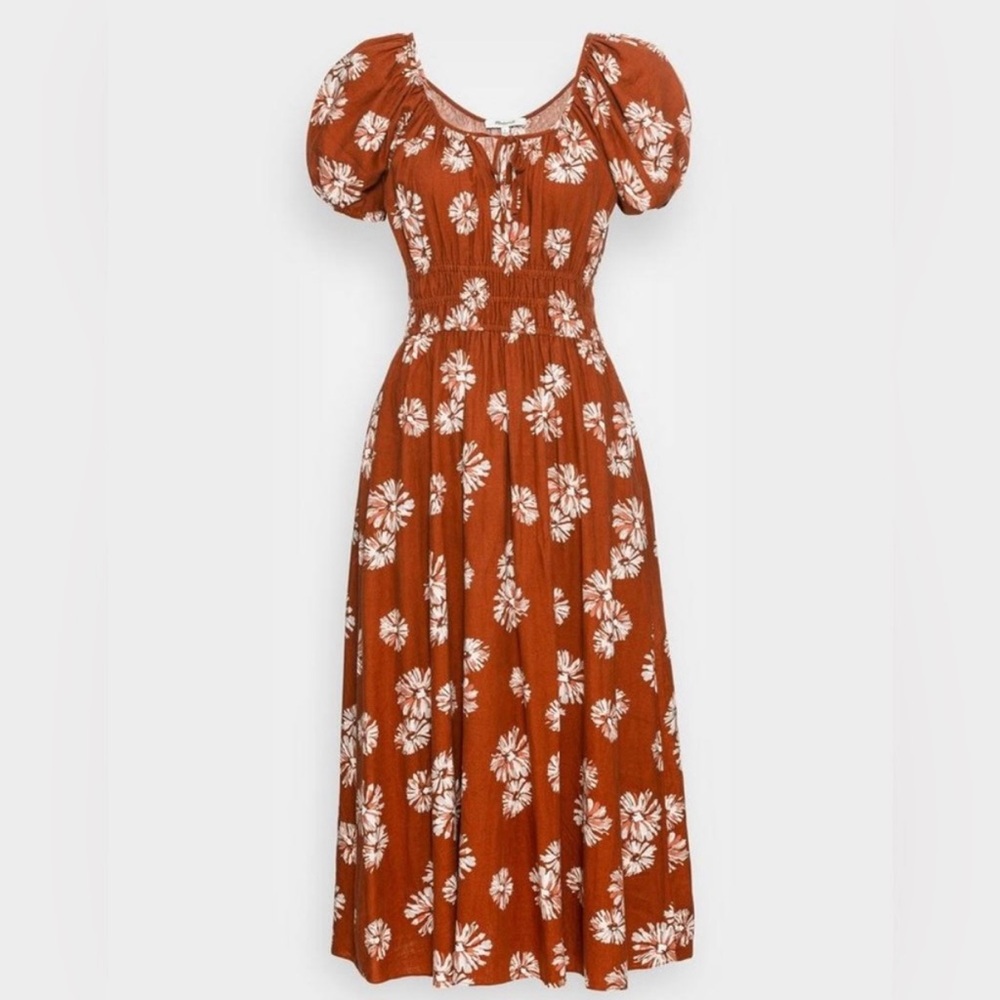 Madewell Linen Rust Floral Puff Sleeve Dress